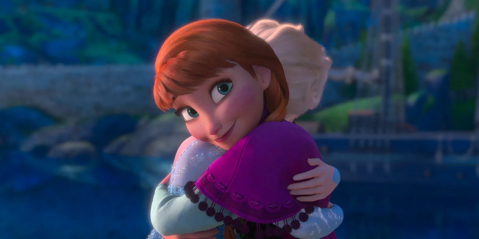 Anna hugs Elsa and smiles in Frozen Image