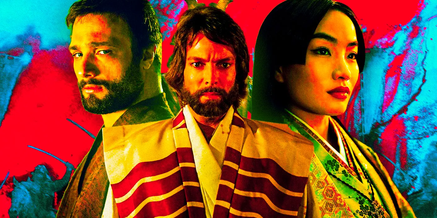 Anna Sawai as Toda Mariko; Richard Chamberlain and Cosmo Jarvis as John Blackthrone in Shogun Image