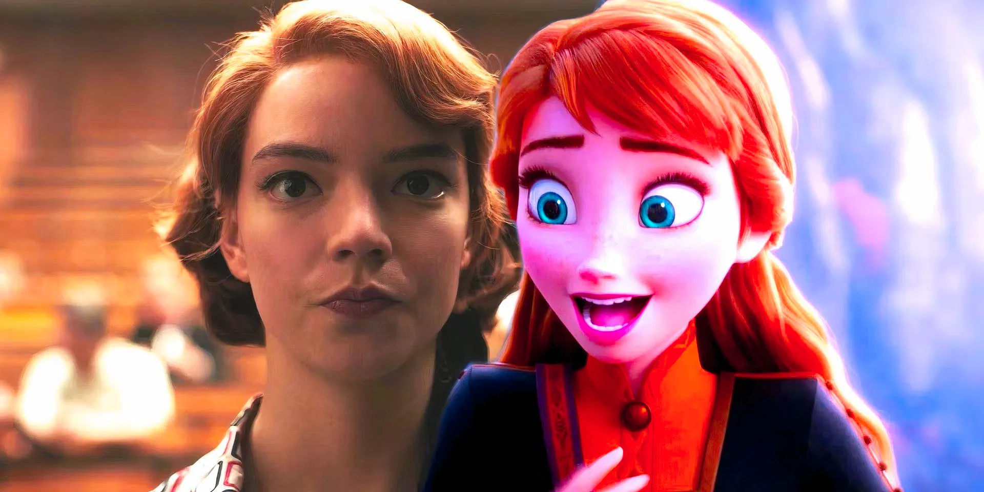 Anna speaking in Frozen 2 next to Anya Taylor-Joy looking ahead in The Queen's Gambit Image