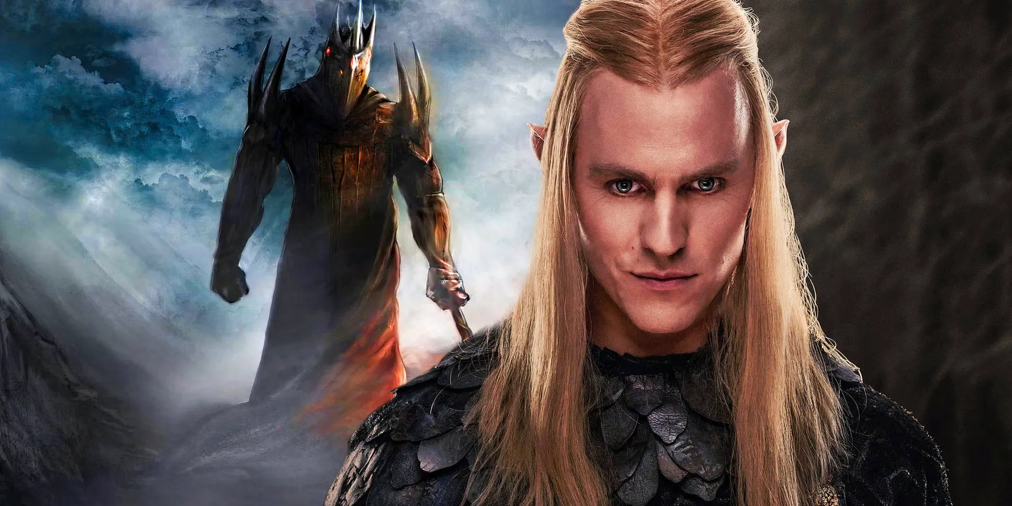 Annatar's character poster for The Rings of Power season 2 (2024) next to artwork of Morgoth Image