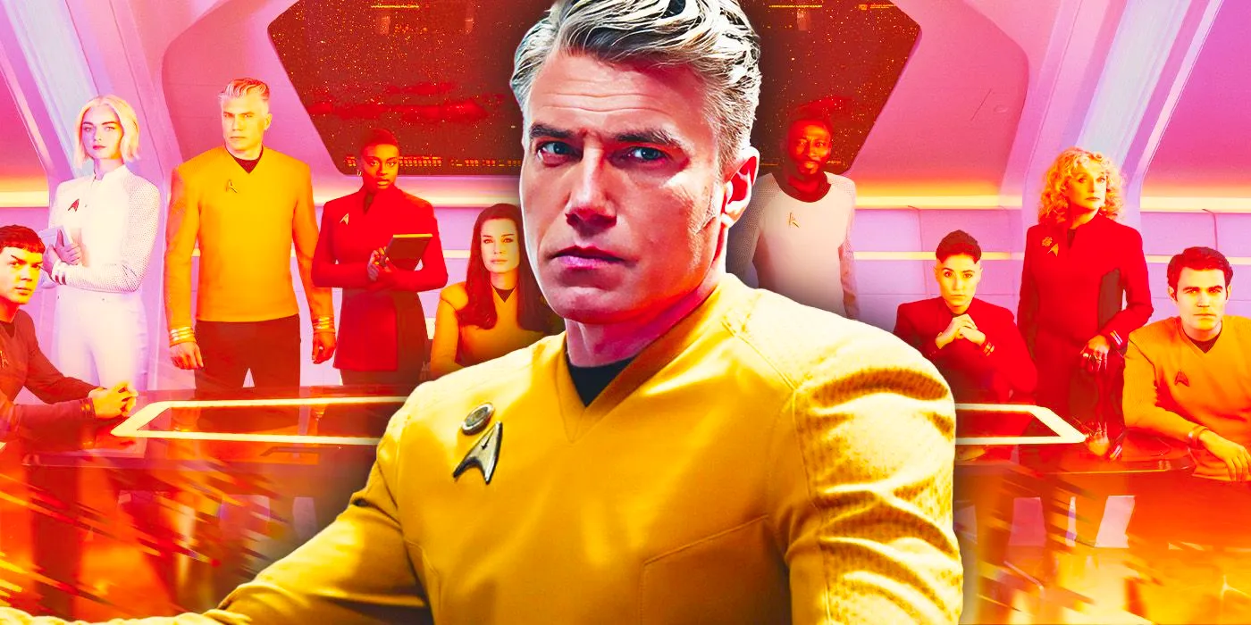 Anson Mount proud as Captain Pike with the cast of Strange New Worlds behind him. Image