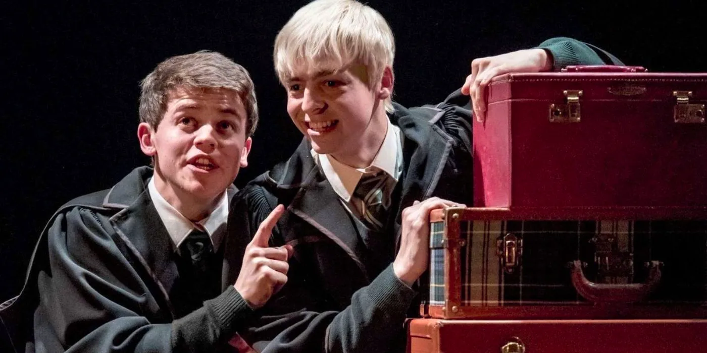 Anthony Boyle and Samuel Timothy Clemmett as Scorpius and Albus talking in Harry Potter and the Cursed Child. Image