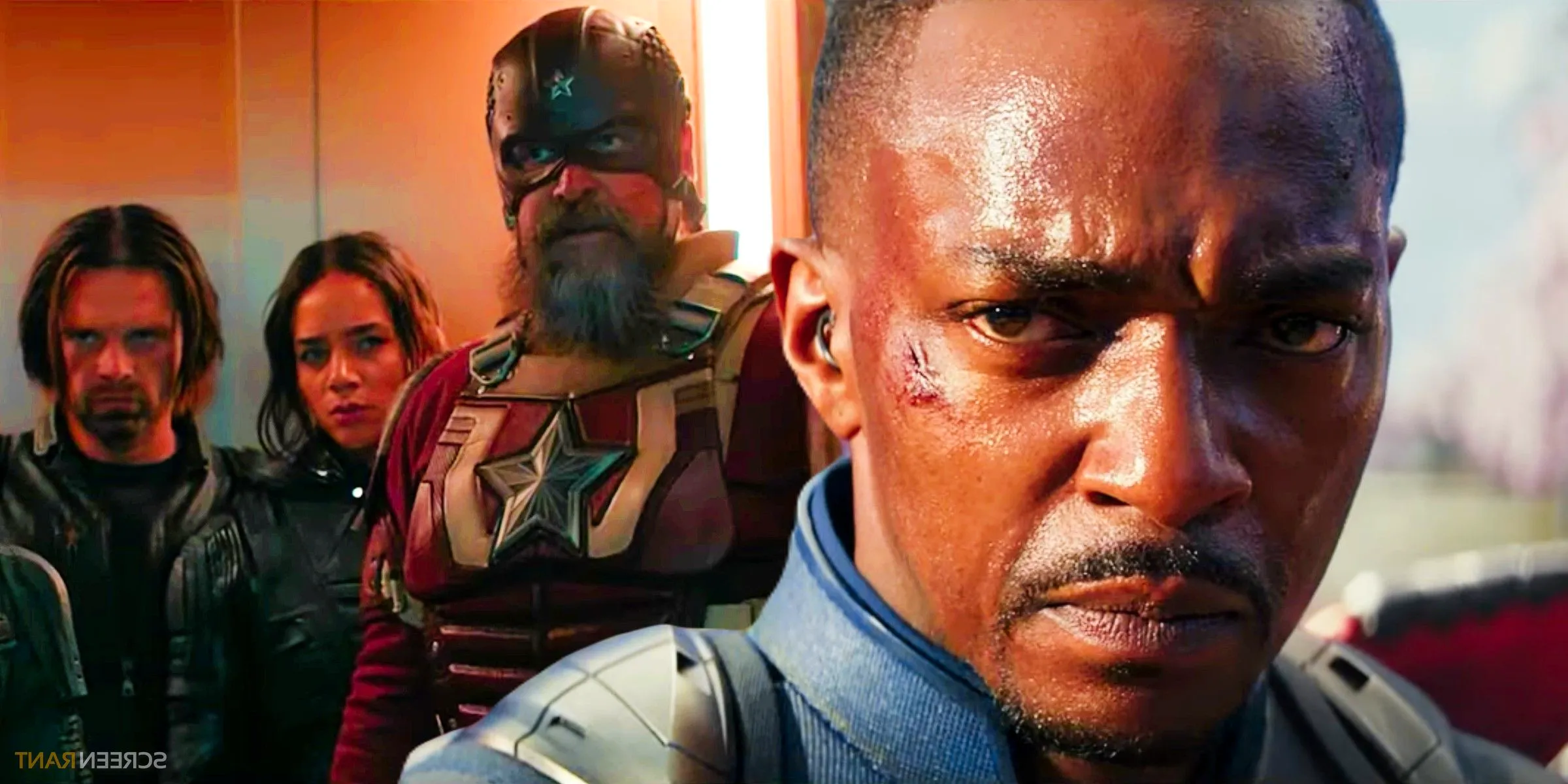 Anthony Mackie As Captain America Staring Close To The Camera David Harbour as Red Guardian With Sebastian Stan As Bucky Barnes In An Elevator Image