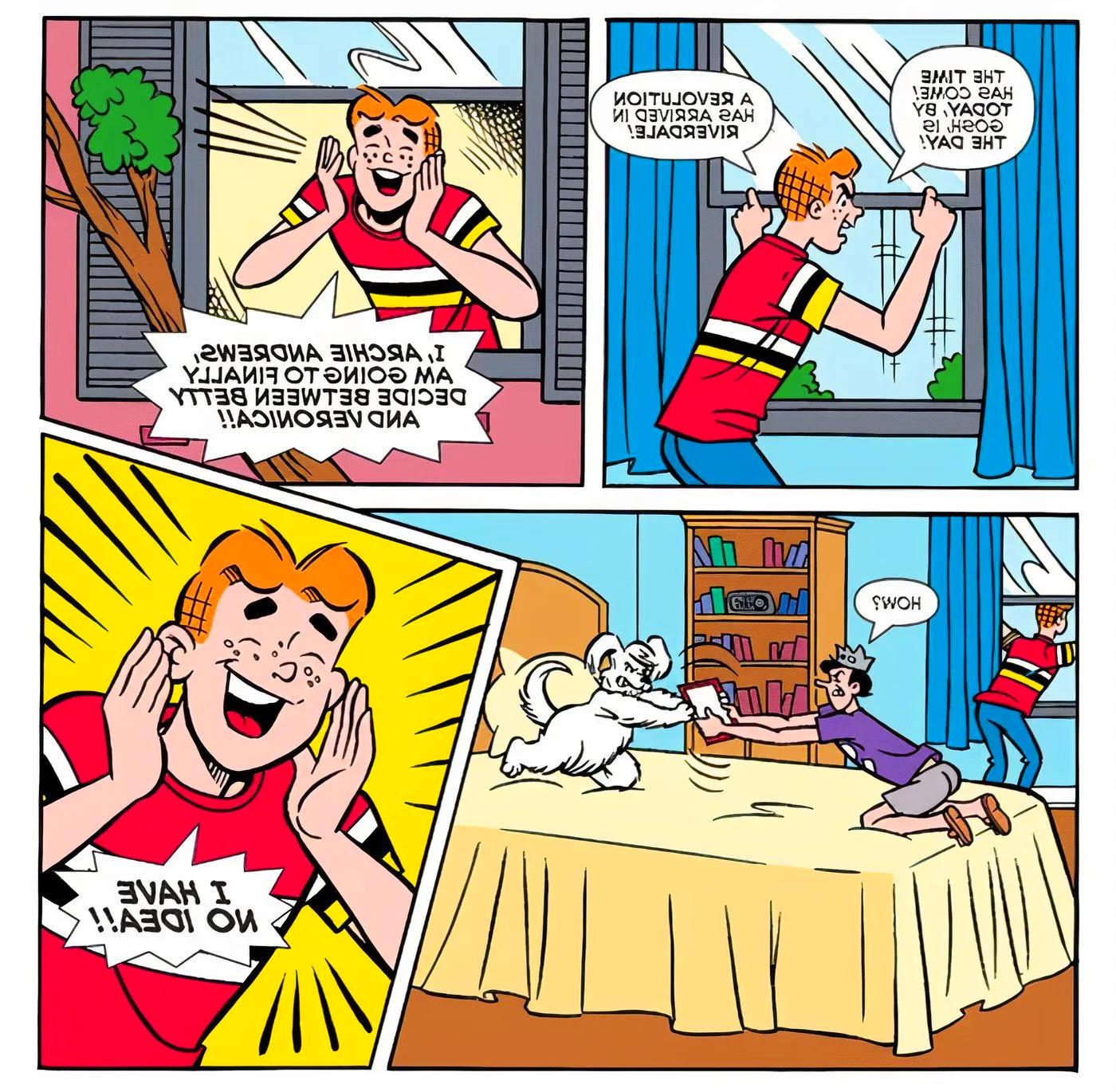 Archie Andrews declares that he will finally choose between Betty and Veronica - but when Jughead asks how, he says he has no idea. Image