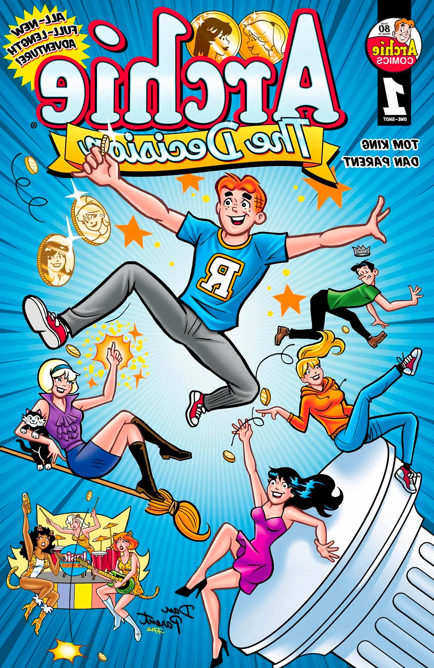 Archie, Jughead, Betty, and Veronica all jump in the air as coins fly around them. Sabrina Spellman flies alongside them on her broomstick, and Josie and the Pussycats are in the background. Image