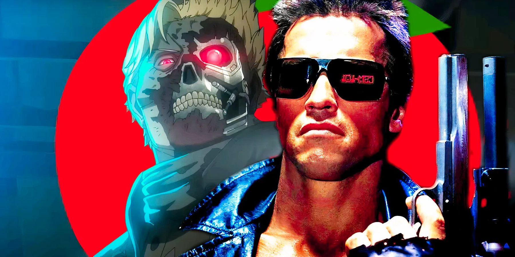 Arnold Schwarzenegger as the Terminator and an animated character in Terminator Zero with the RT fresh symbol in the background Image