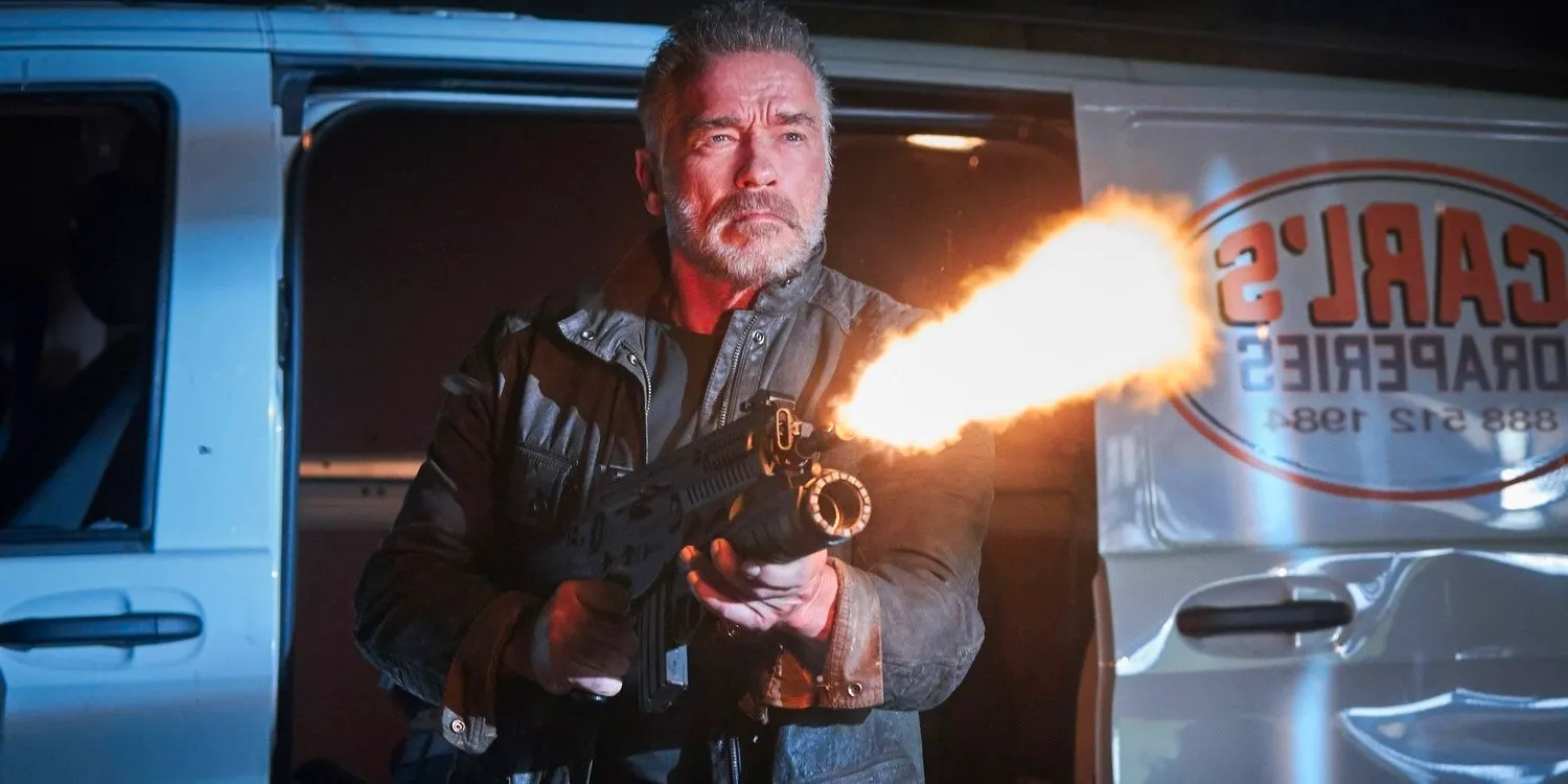 Arnold Schwarzenegger firing a flame gun in Terminator Dark Fate Image