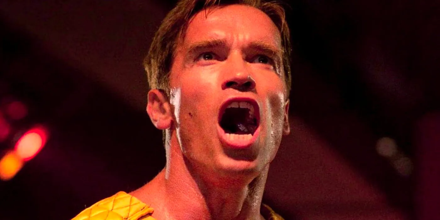 Arnold Schwarzenegger Screaming in The Running Man Image