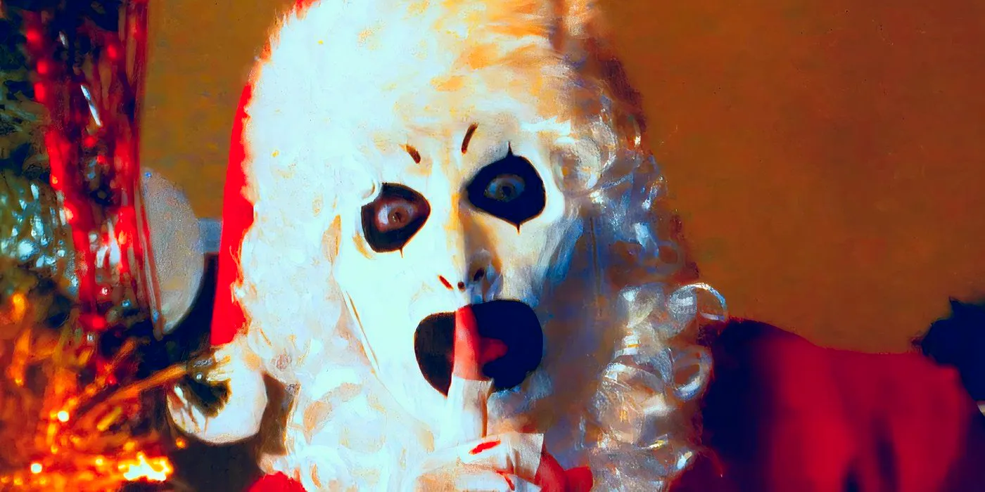 Art the Clown in a Santa suit shushing the audience in a Terrifier 3 promotional video Image