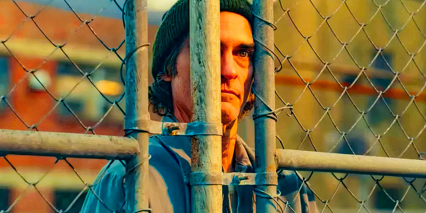 Arthur Fleck looking through Arkham fence in Joker Folie à Deux trailer Image