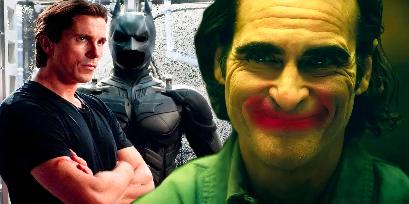 Arthur Fleck smiles in Joker 2 and Bruce Wayne stands in front of his Batman suit in The Dark Knight Image