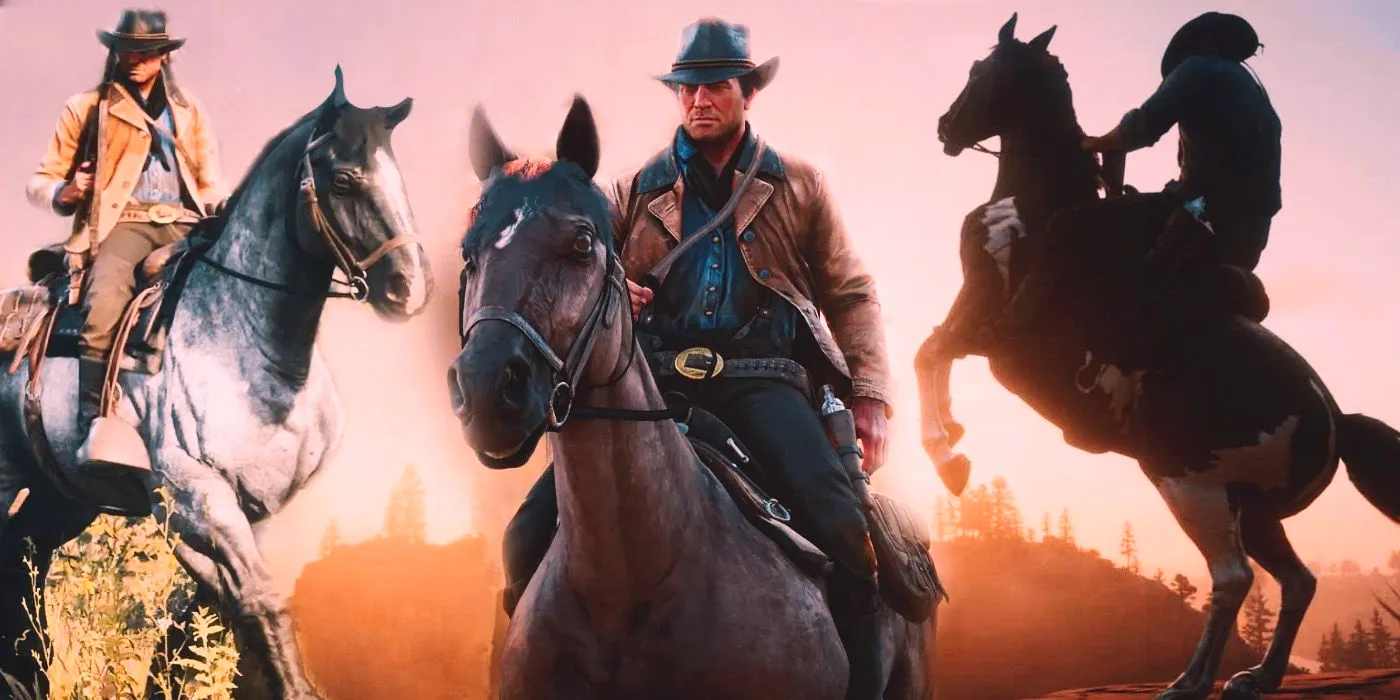 Arthur Morgan riding different horses from Red Dead Redemption 2. Image