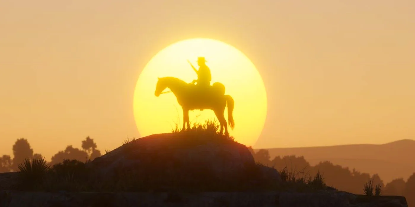 Arthur Morgan sits on a horse in front of a sunset in Red Dead Redemption 2 Image