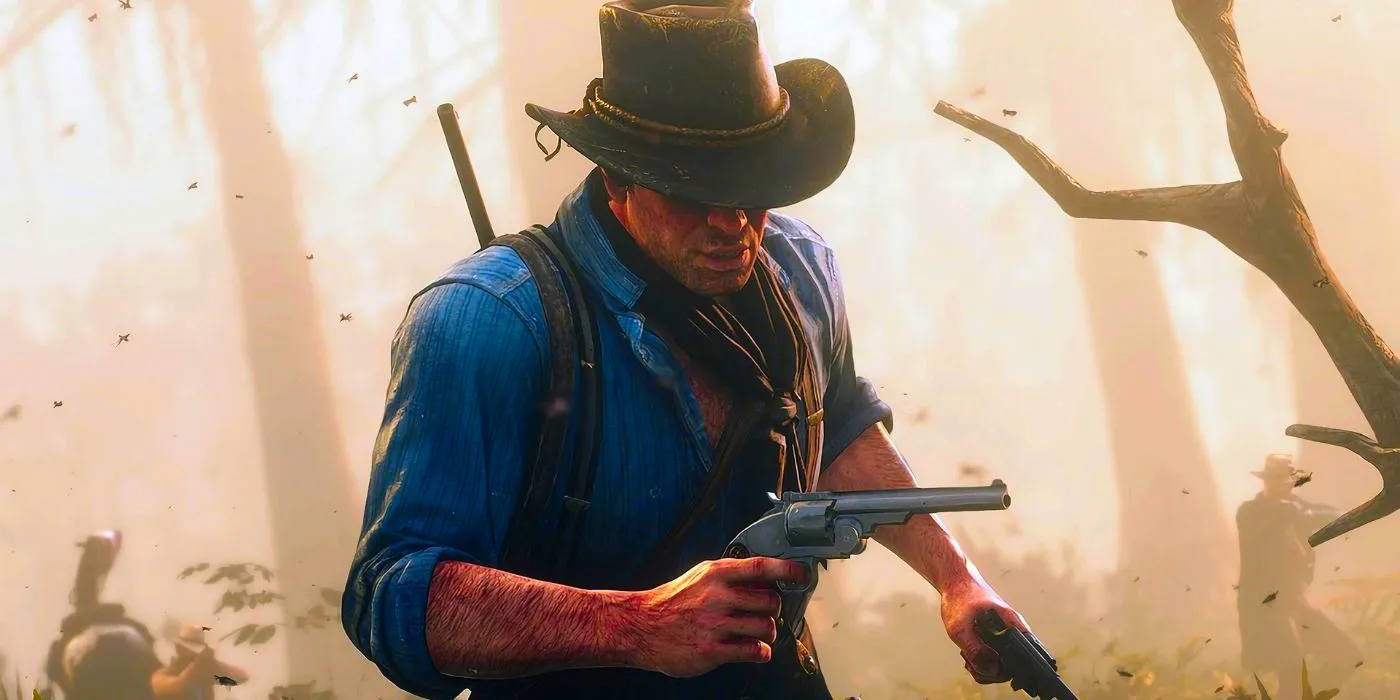 Arthur Morgan with two pistols running during a fight Image