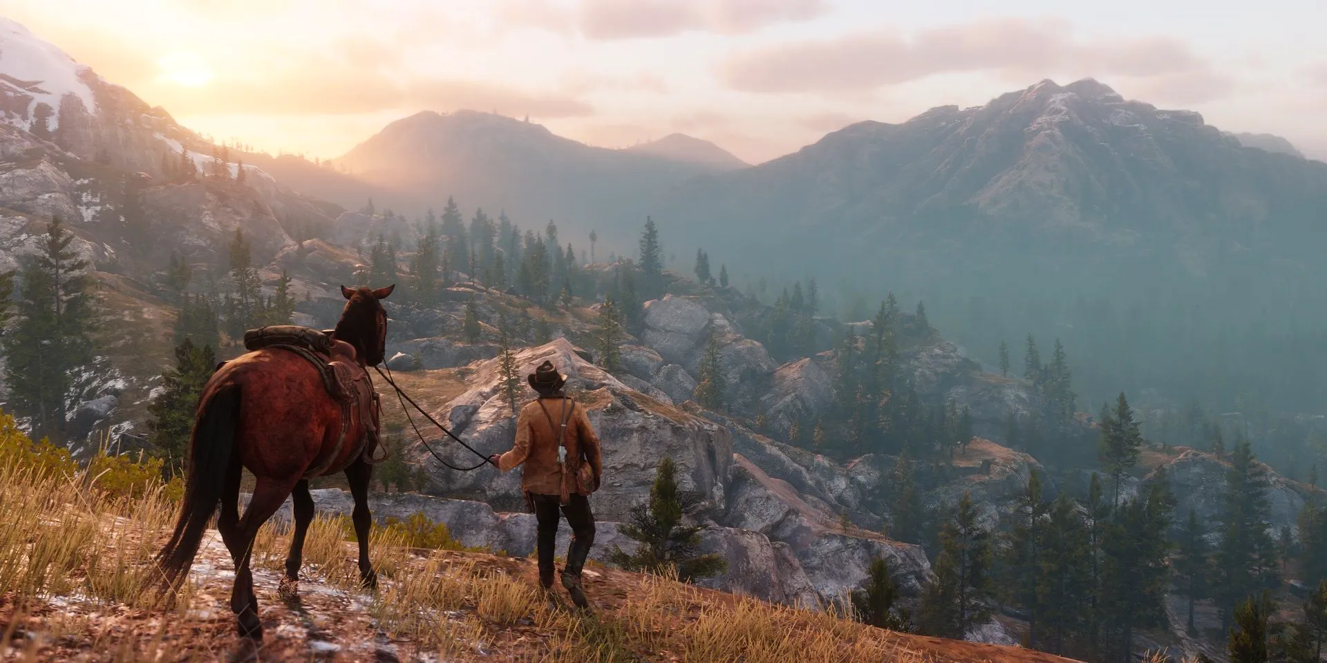 Arthur with his horse on a mountain in Red Dead Redemption 2 Image