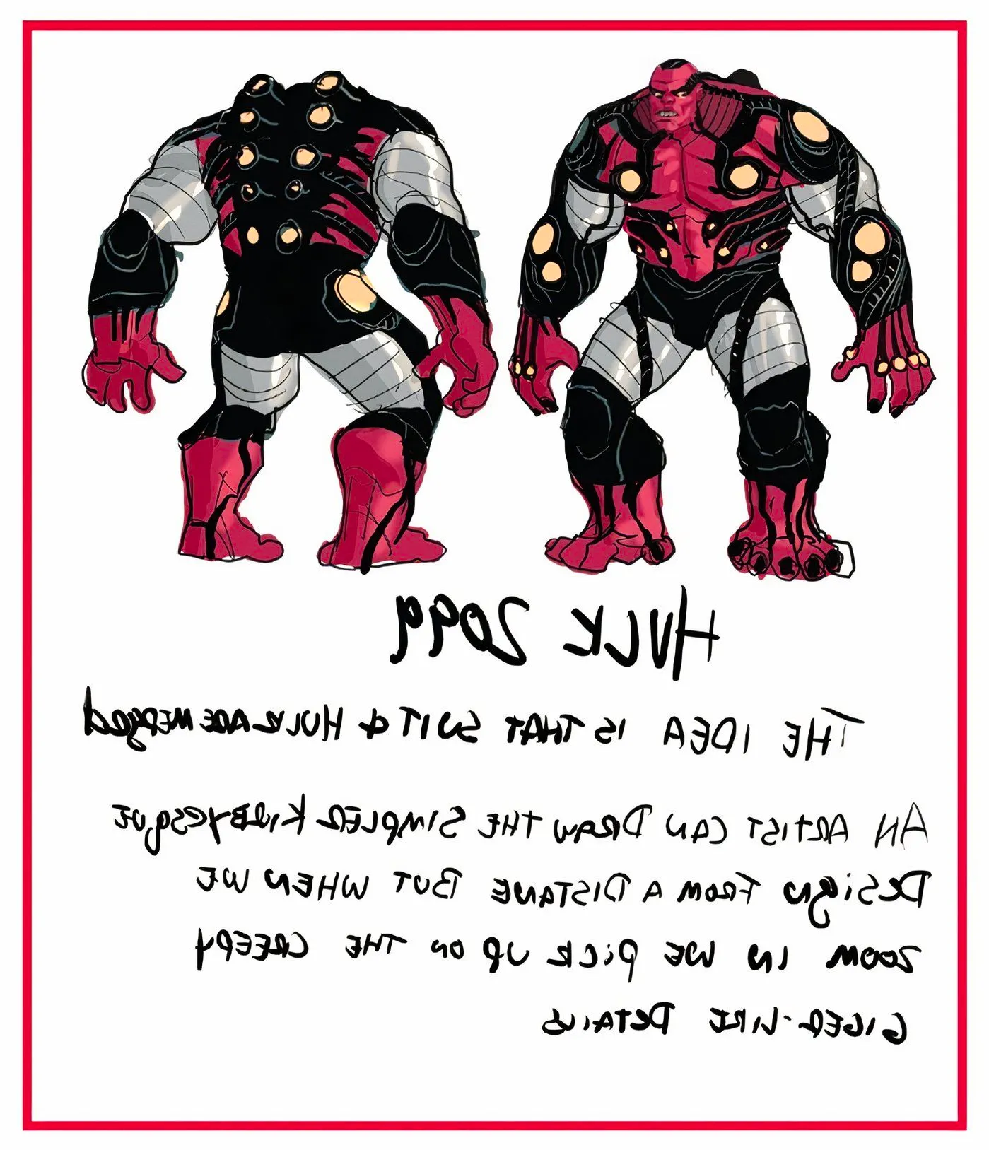 Artist notes written by Pete Woods along with a sketch of Red Hulk 2099. Image