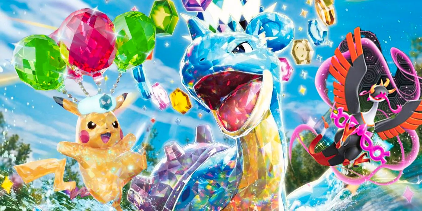 Artwork from Surging Sparks, Stellar Crown, and Shrouded Fable featuring Fezandipiti, Tera Lapras, and Tera Pikachu. Image