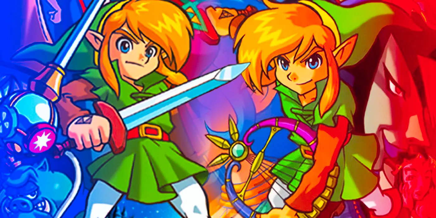 Artwork from The Legend of Zelda: Oracle of Ages and Oracle of Seasons depicting Link with a harp on one side and a sword on the other. Image