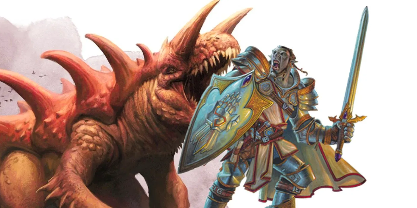 Artwork of a Dungeons & Dragons Paladin fighting a Tarrasque Image