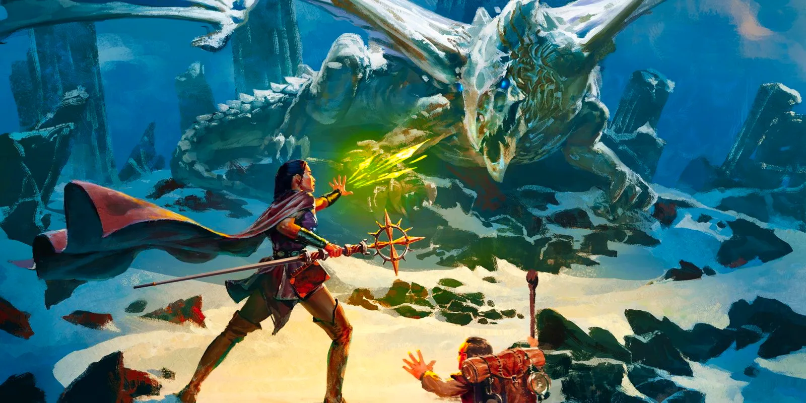 Artwork of a gnome and a sorcerer fighting a dragon in Dungeons & Dragons Image