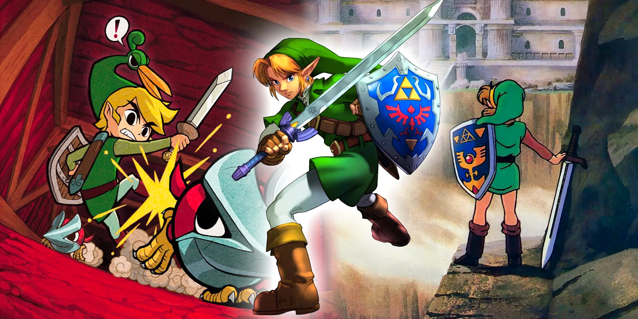 Artwork of Link from Link to the Past, Ocarina of Time, and The Minish Cap. Image