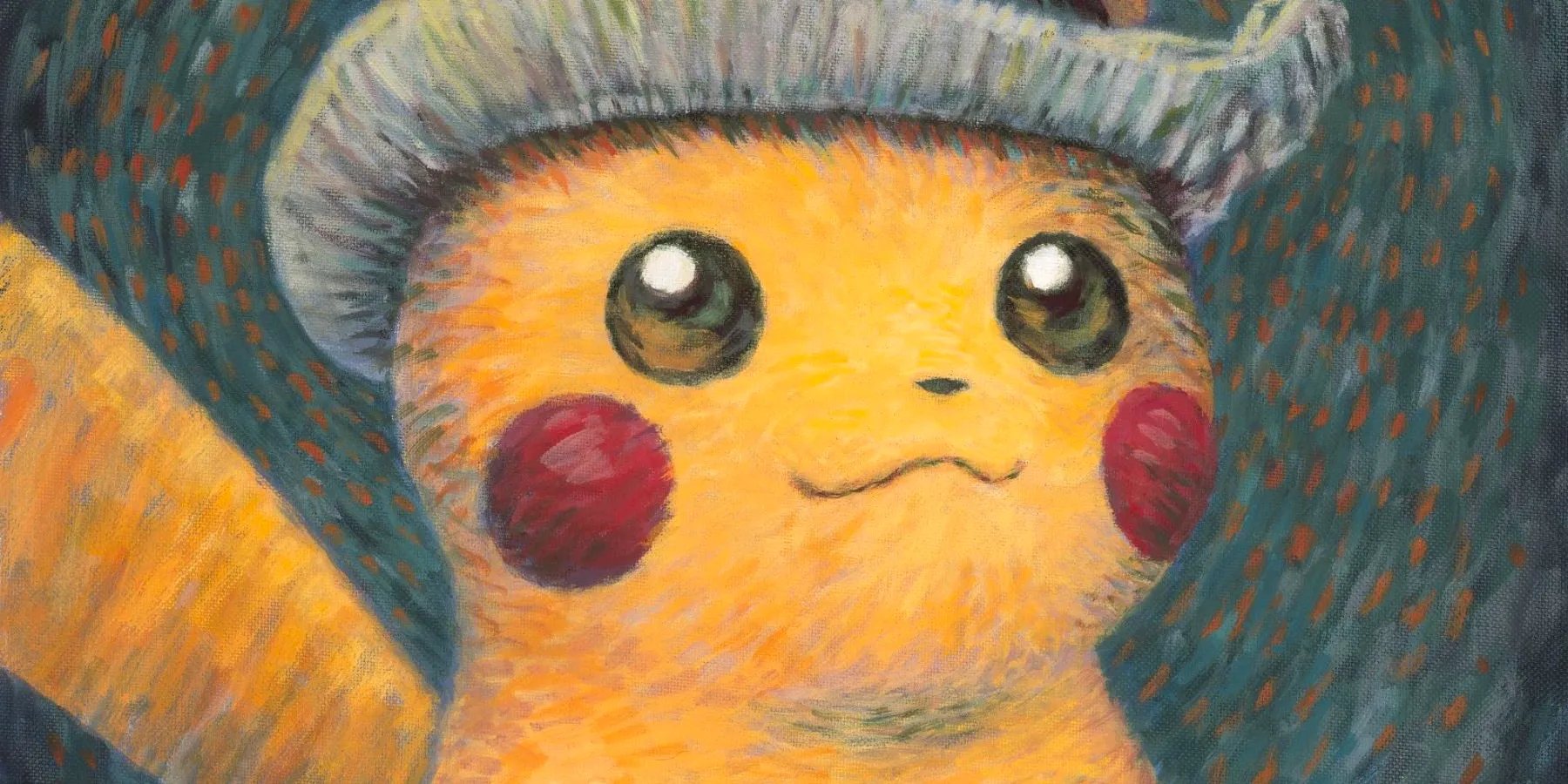 Artwork of Pikachu wearing a gray felt hat, mimicking Vincent van Gogh's famous style. It's a parody of a famous Van Gogh self-portrait. Image