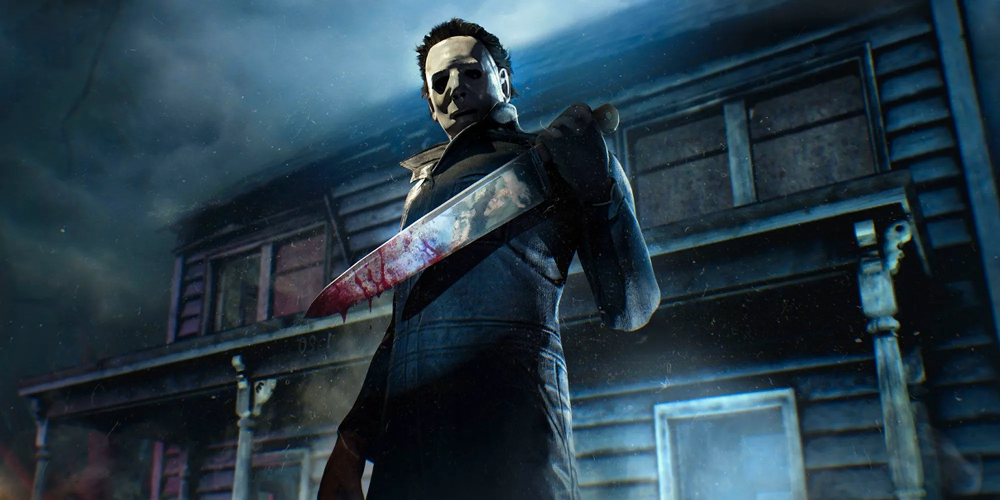 Artwork of The Shape from Dead by Daylight holding a bloody kitchen knife.  Image