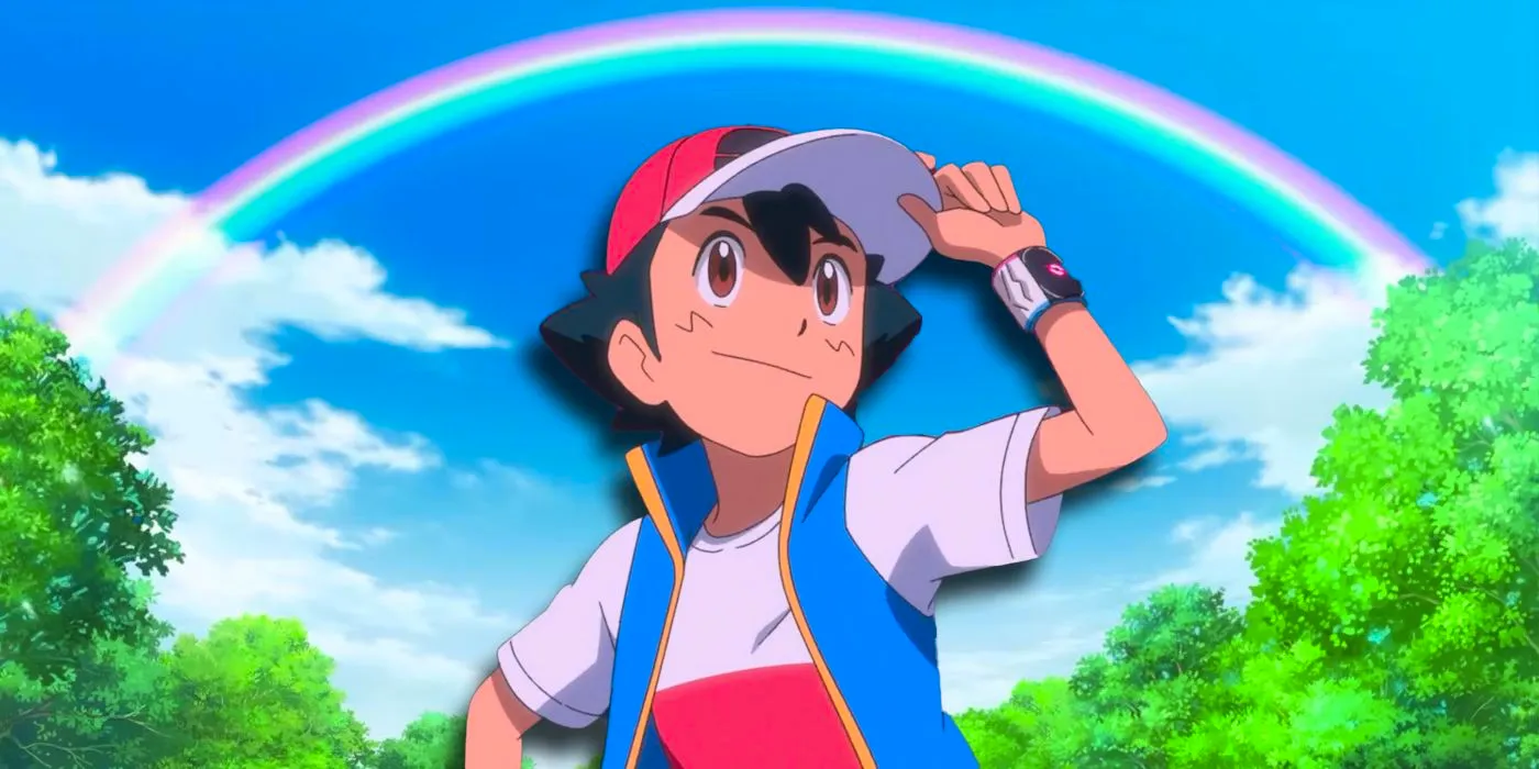 Ash adjusts his hat in front of the rainbow from the finale. Image