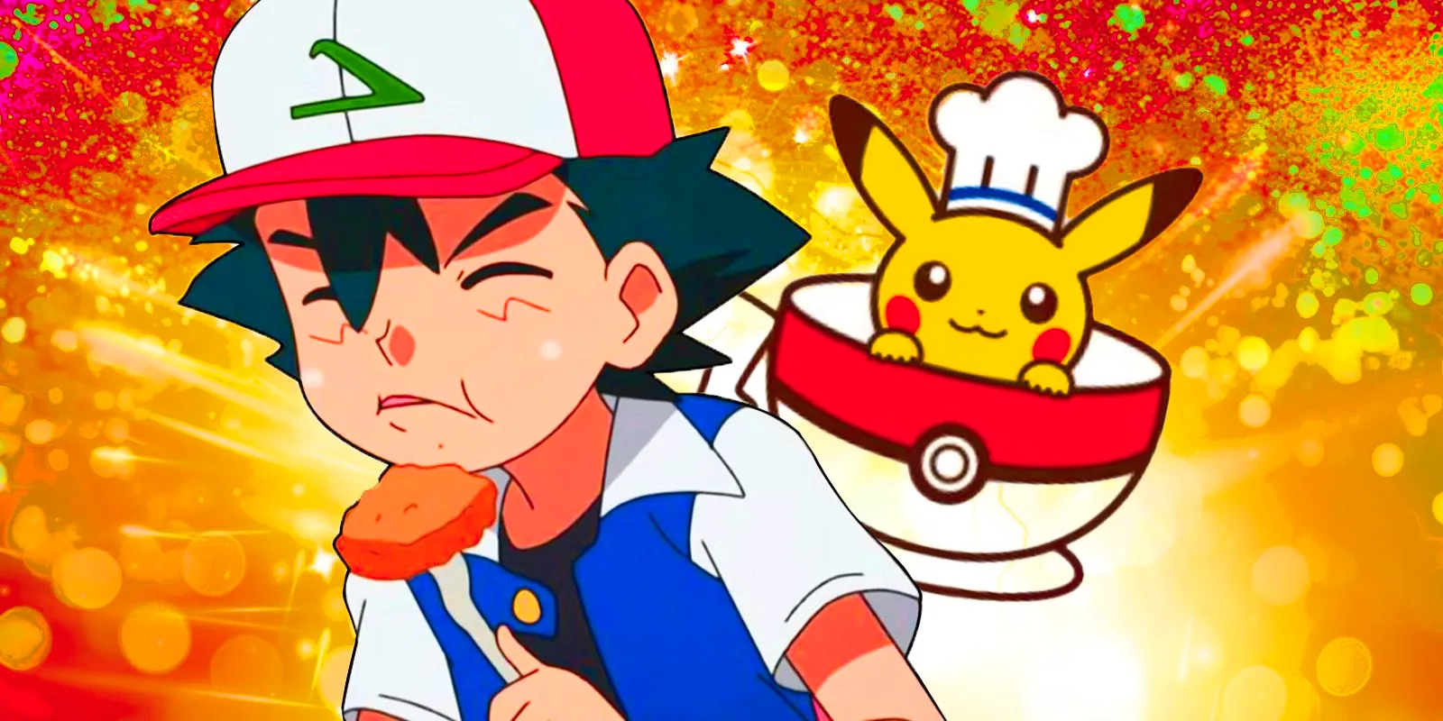 Ash eating something with a disgusted look on his face next to a Pikachu icon with the Pokémon in a chef's hat, sitting in a Poké Ball bowl. Image