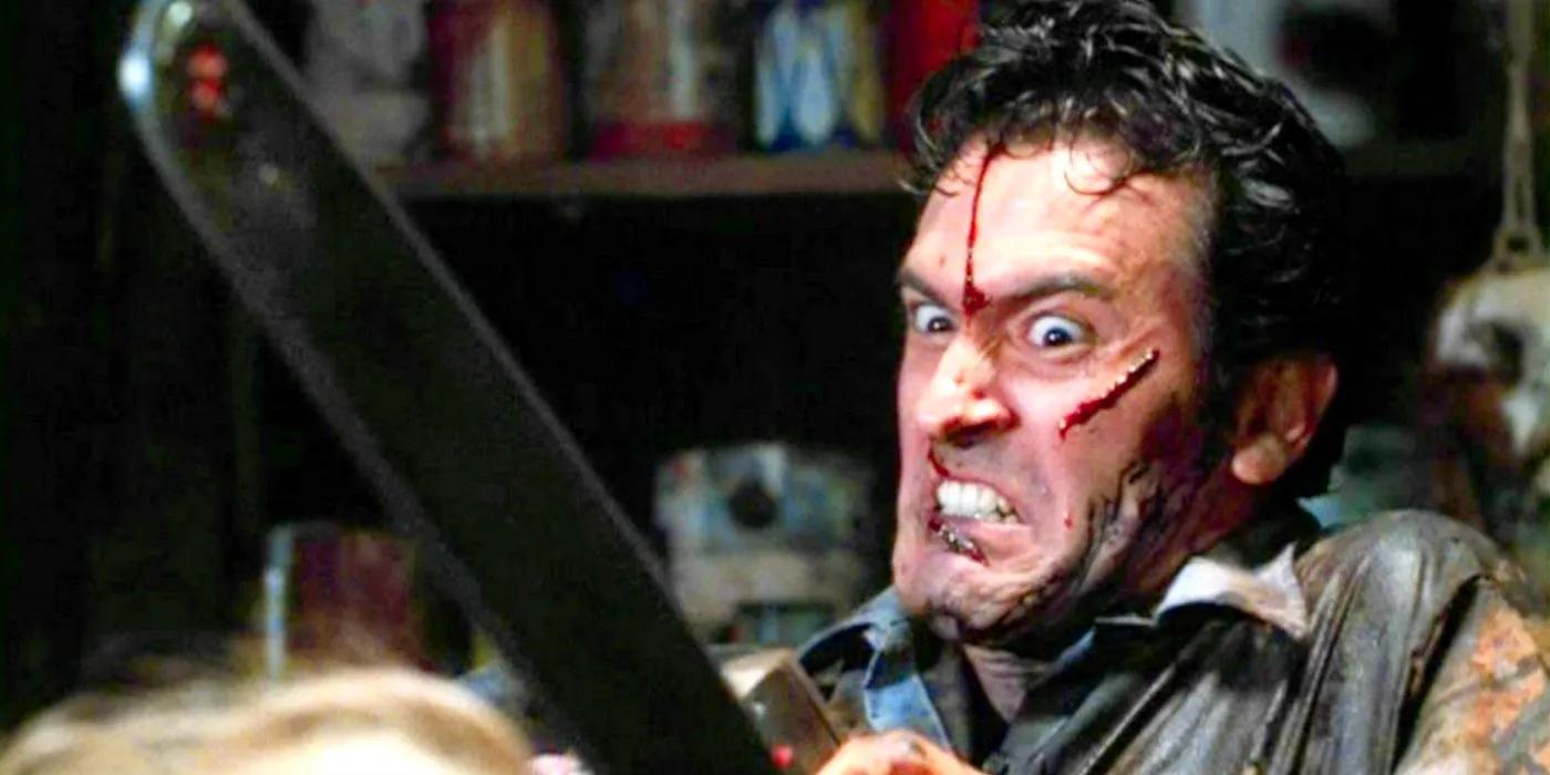 Ash fights a Deadite with a chainsaw in The Evil Dead Image