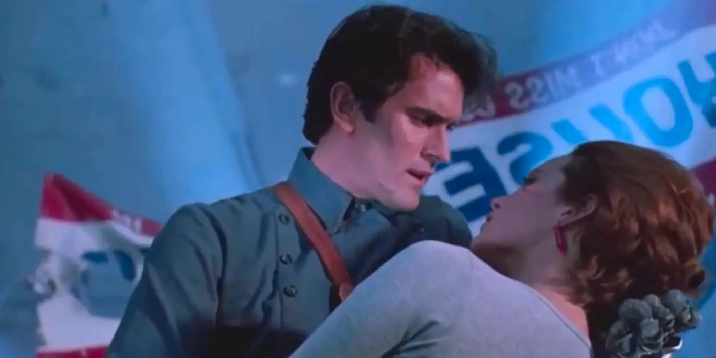 Ash holds a woman in his arms at the end of Army of Darkness. Image