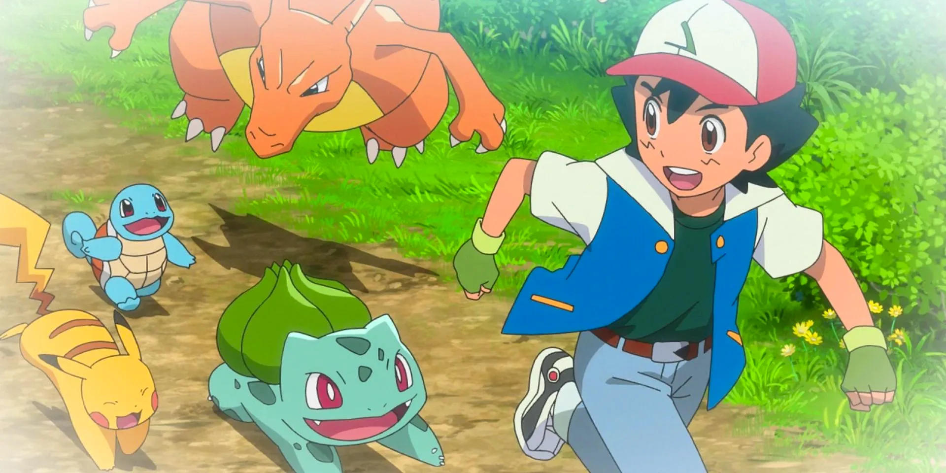 Ash in the Pokémon anime running with his Pikachu, Bulbasaur, Squirtle, and Charizard. Image