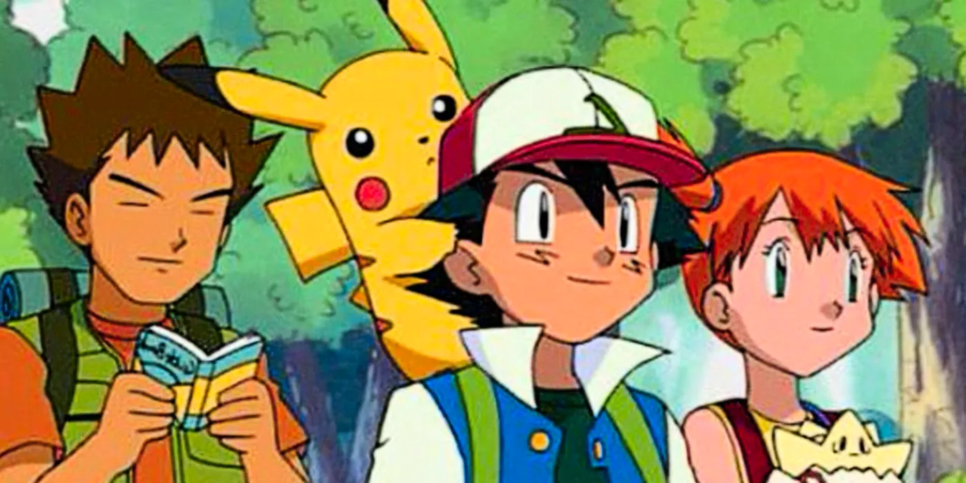 Ash, Misty and Brock on a Pokemon journey in season one of Pokemon Image