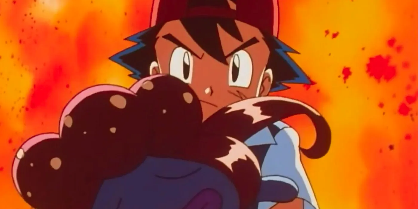 Ash running out of a fire, carrying Erika's Gloom. Image