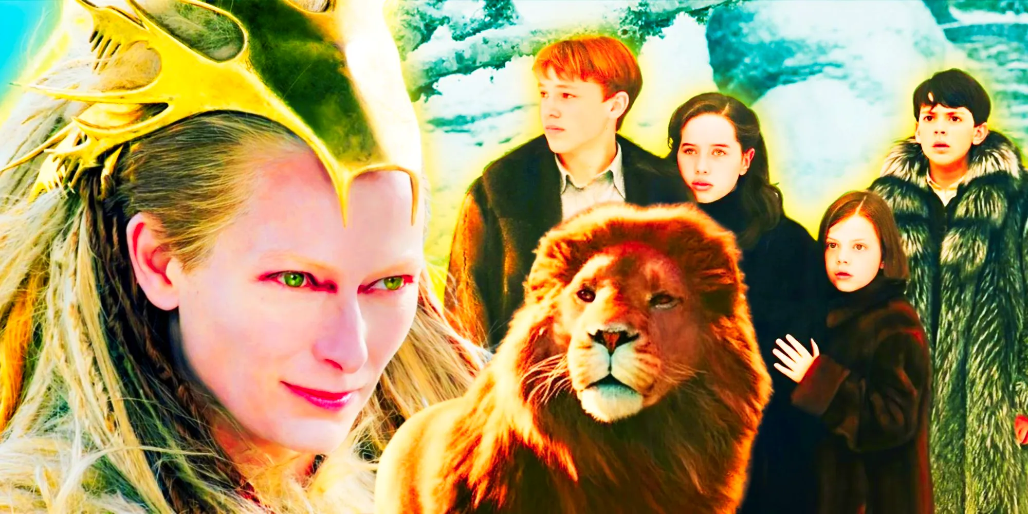 Aslan in front of the Pevensies and the White Witch Image