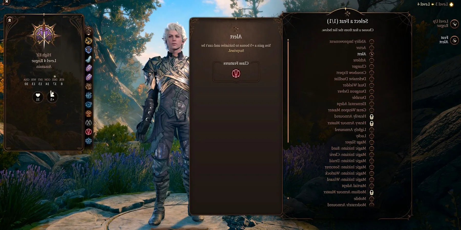 Astarion in the character creation area showing text for Alert feat in Baldur's Gate 3. Image