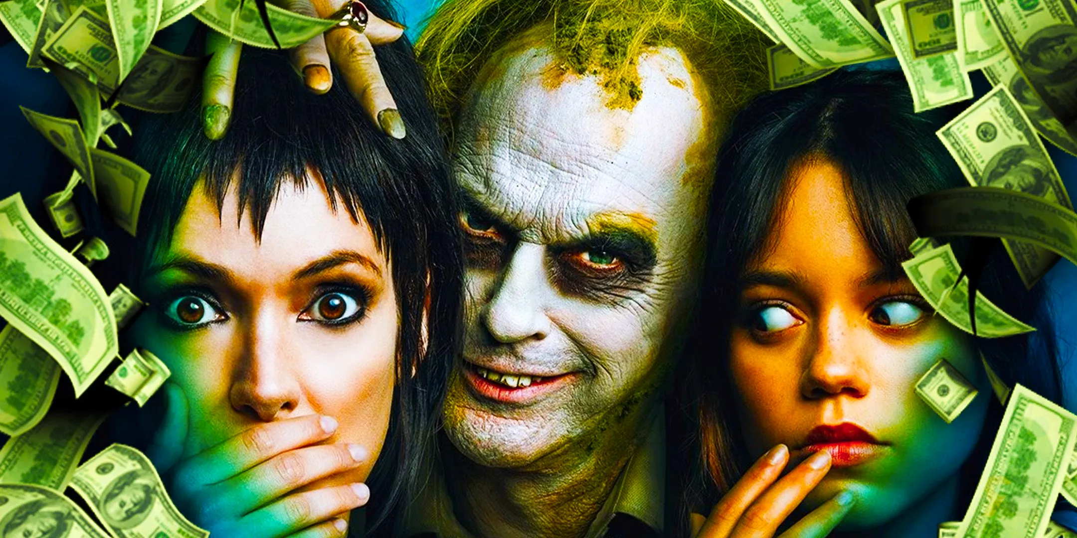 Astrid Deetz, Betelgeuse, and Lydia Deetz in Beetlejuice 2 poster with money floating around them Image