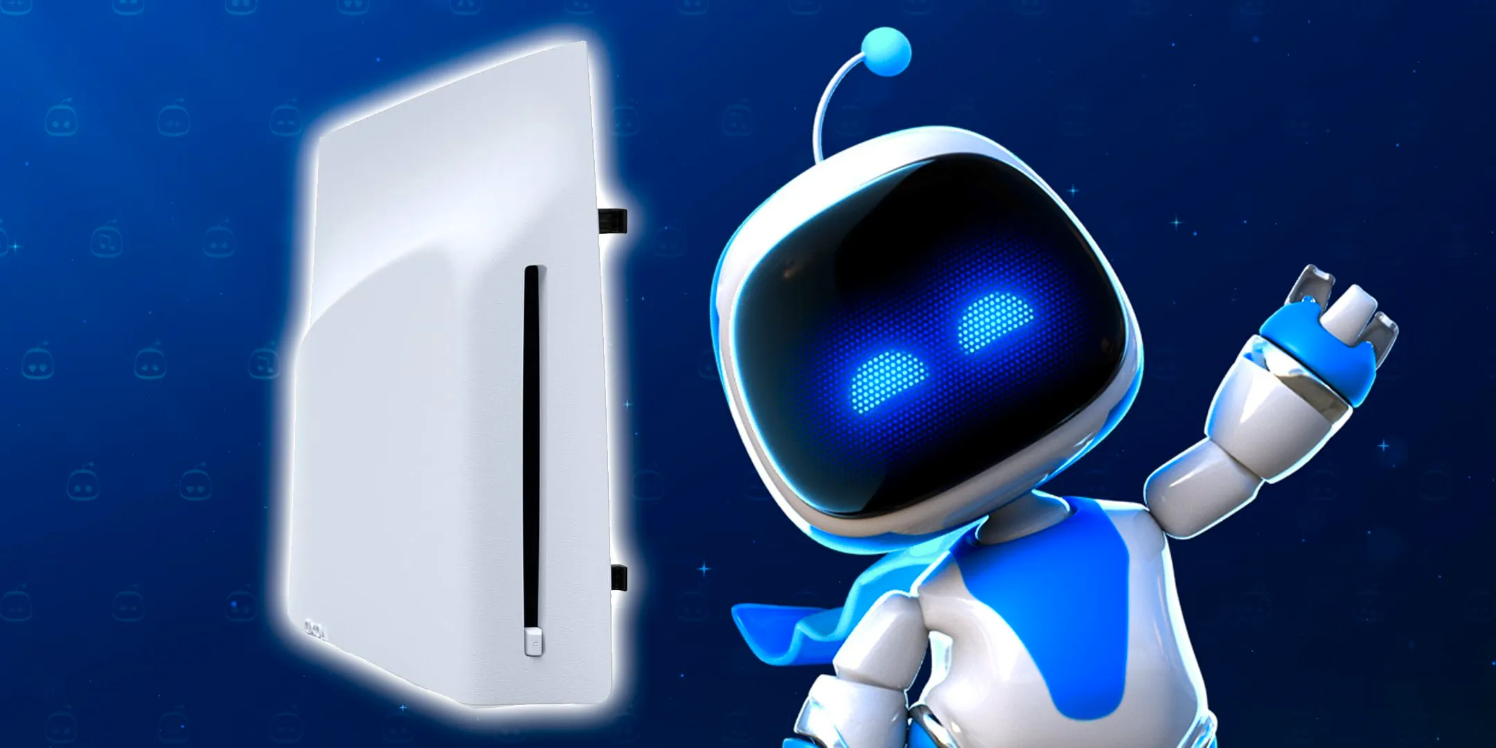 Astro Bot waving next to an image of a PS5 Disc Drive. Image