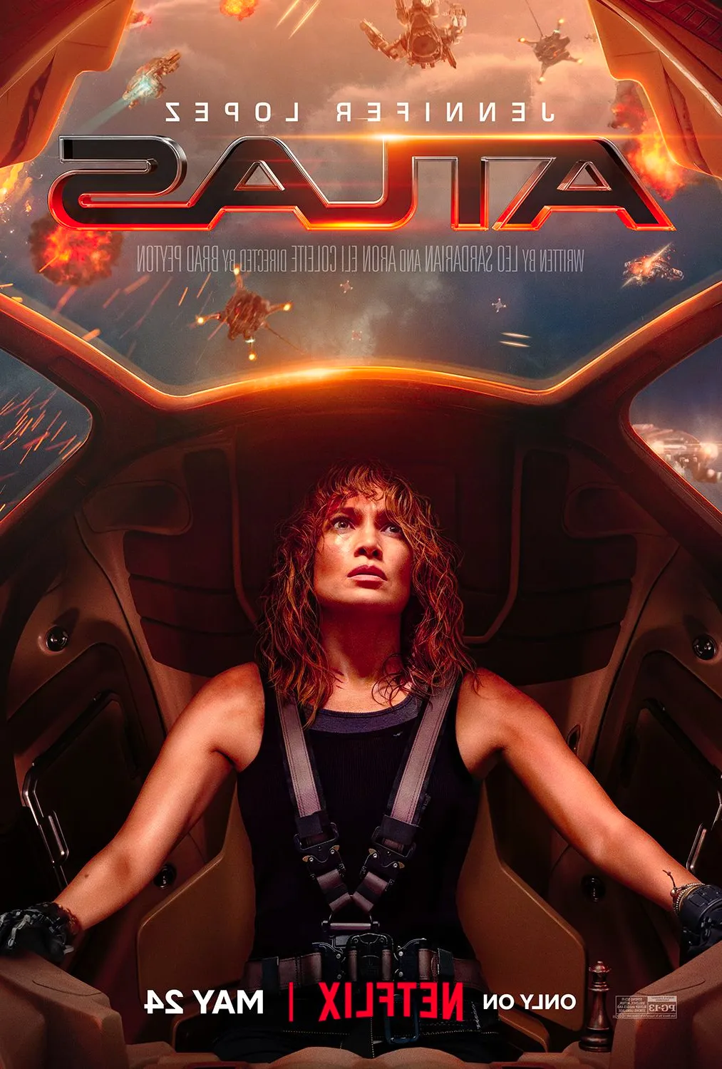 Atlas Movie Poster Showing Jennifer Lopez Looking up Into the Sky Flying a Spaceship Image