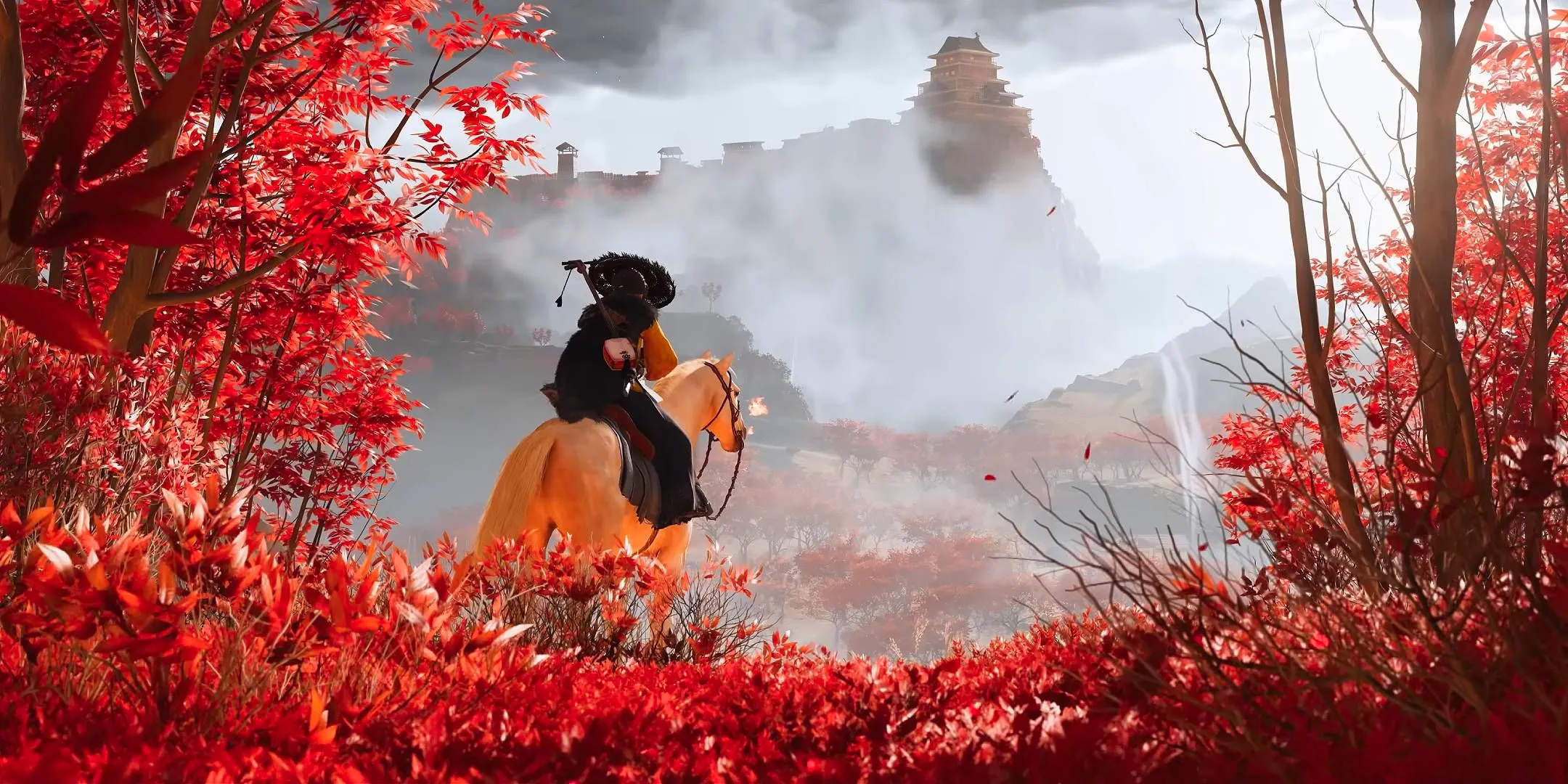 Atsu riding a horse with a castle in the distance in Ghost of Yotei. Image