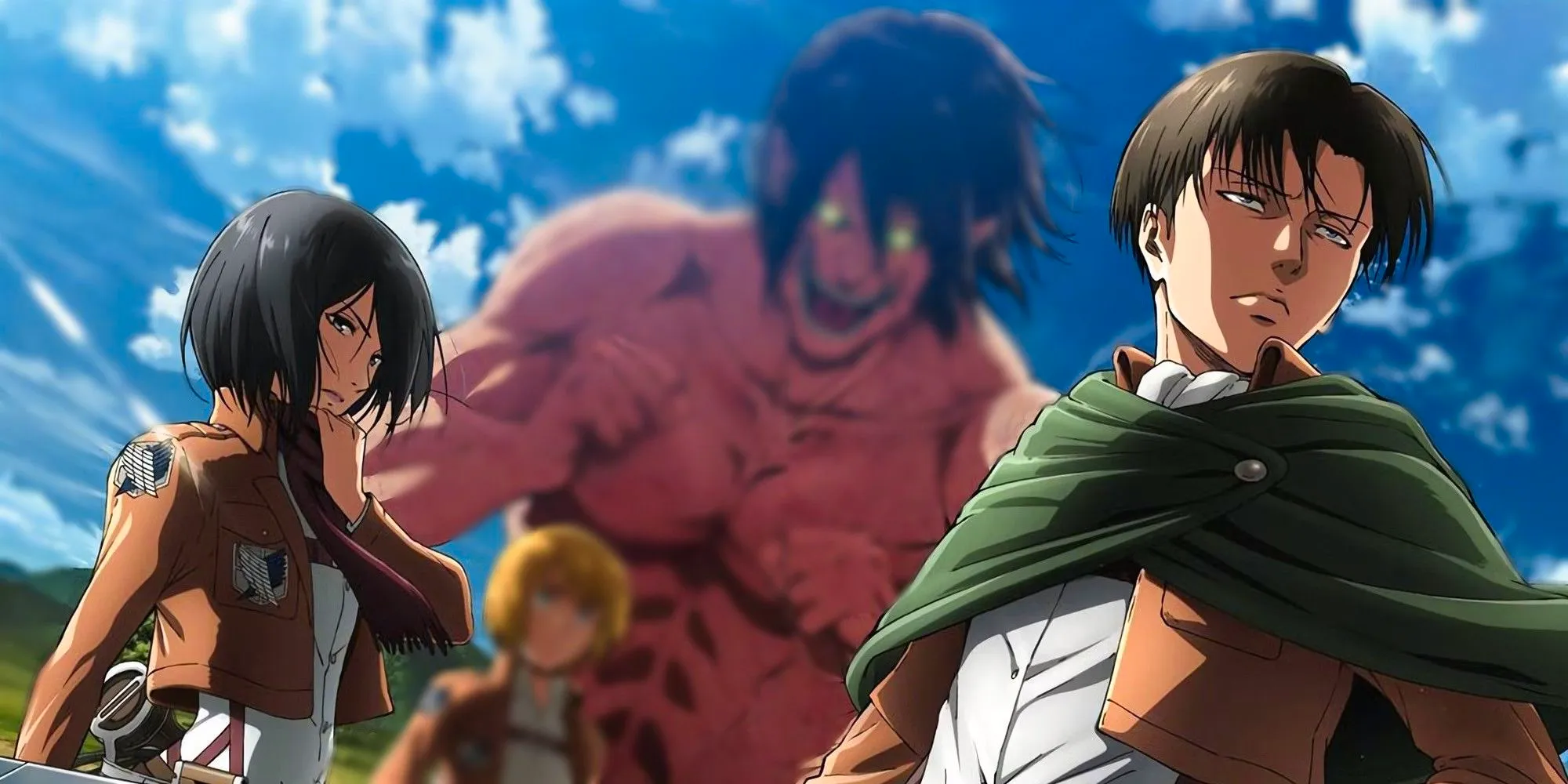 Attack on Titan anime visual featuring Levi, Mikasa, Eren in his Titan form, and Armin. Image