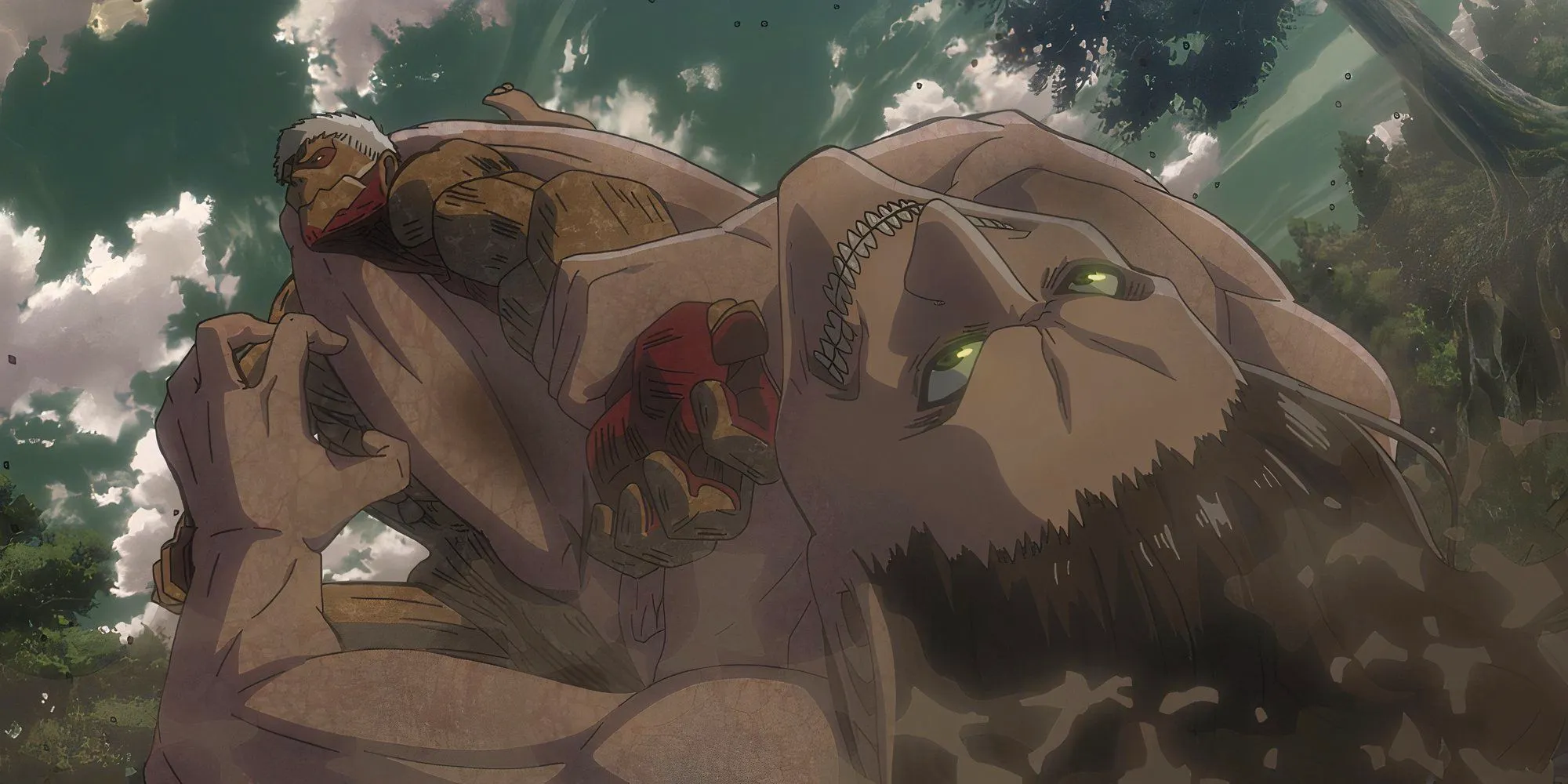 Attack on Titan Eren putting Reiner in an arm bar in their titan forms Image