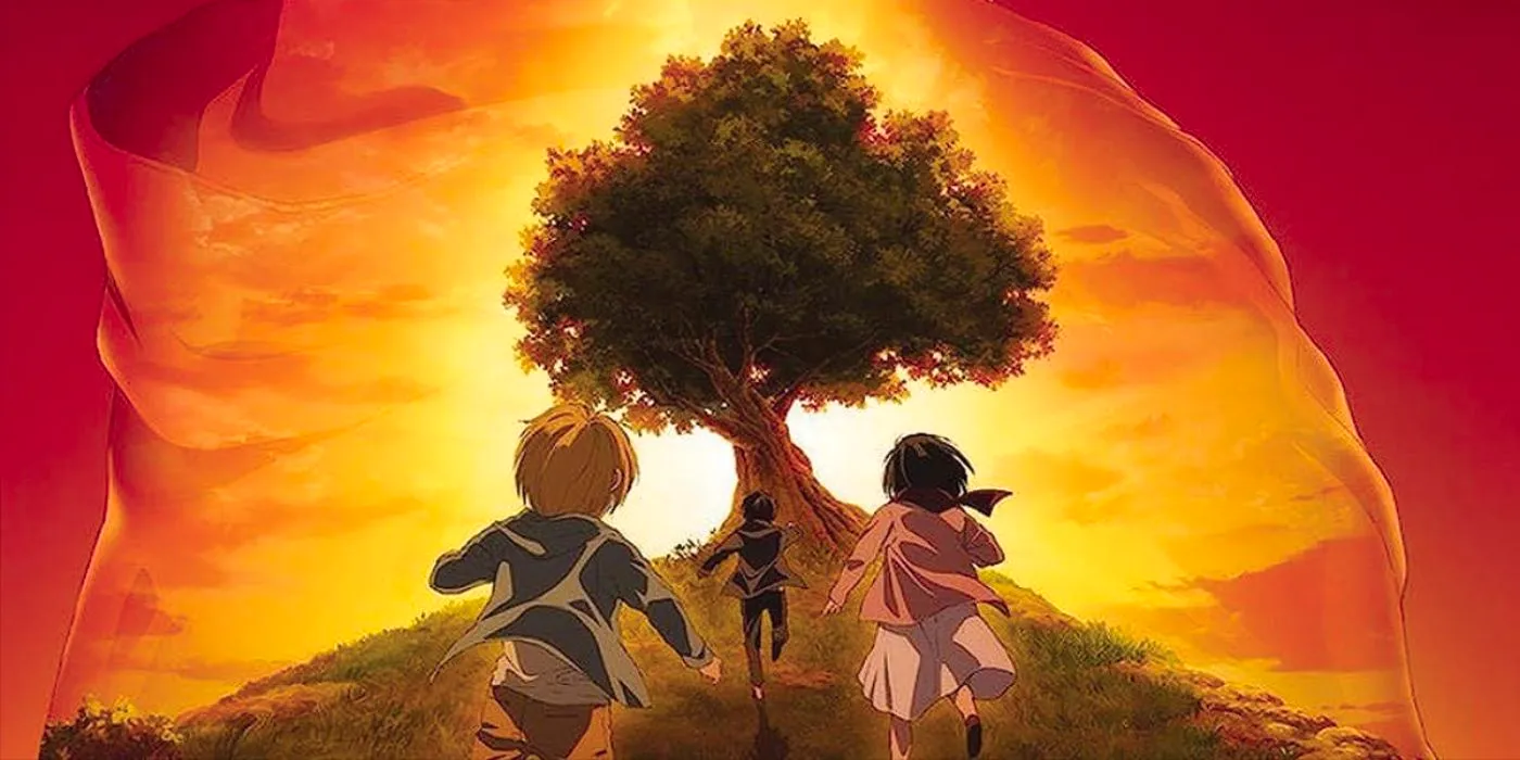 Attack On Titan The Final Season Blu Ray cover art featuring Eren Mikasa and Armin running toward the tree Image