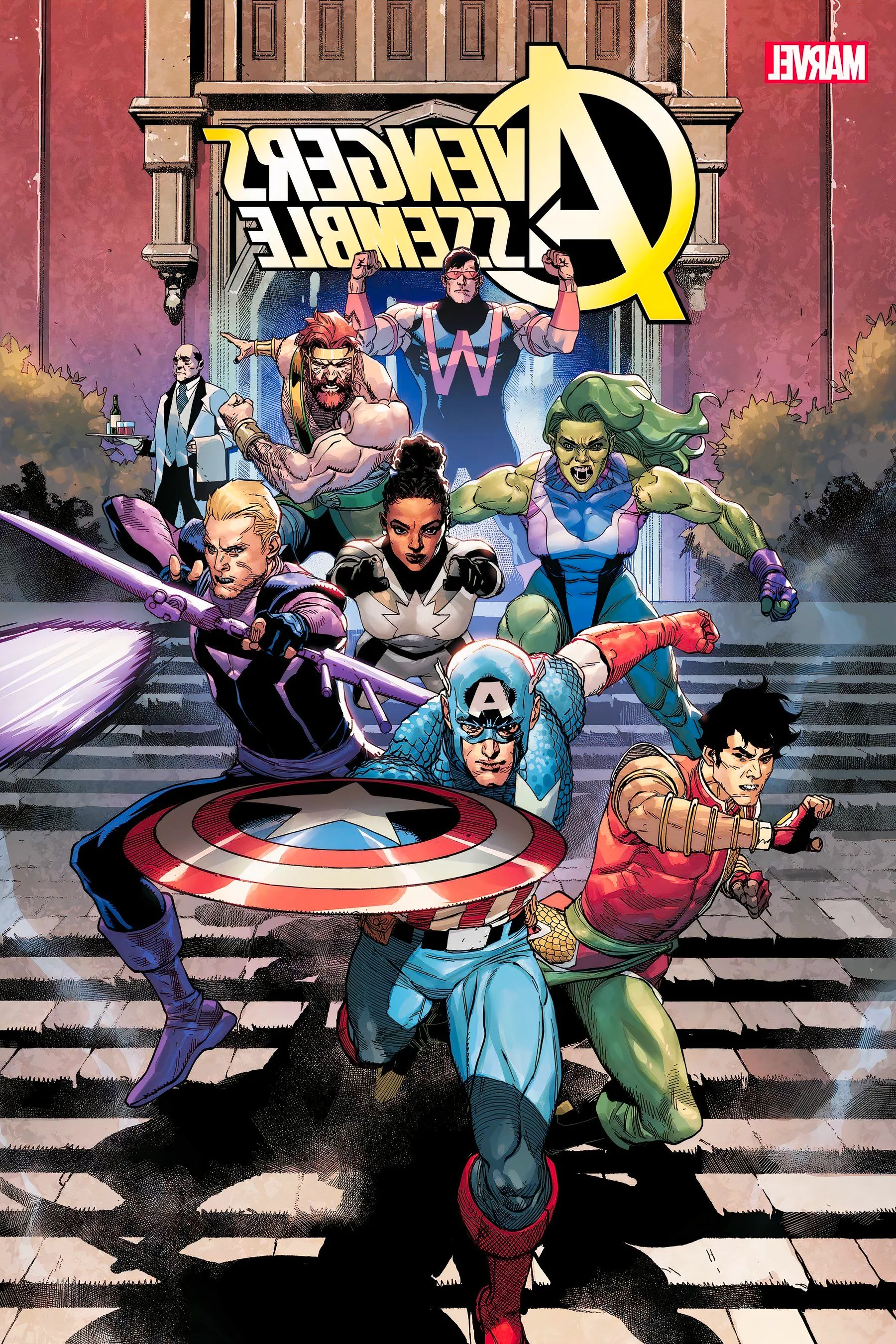 Avengers Assemble #1 cover with Captain America leading his latest roster, including Shang-Chi, She-Hulk, & more. Image