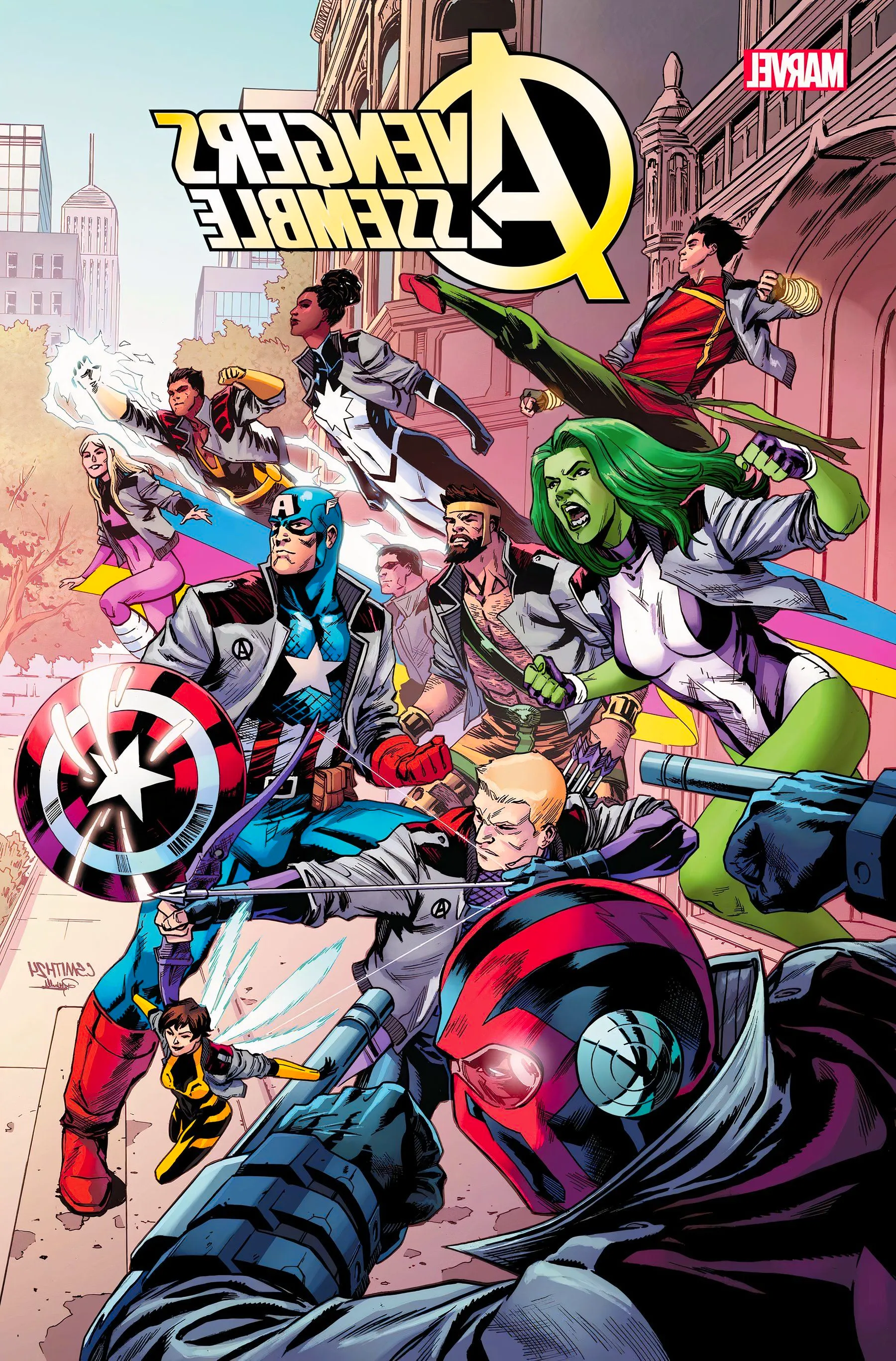 Avengers Assemble #1, variant cover featuring the hero team standing on the precipice of battle. Image