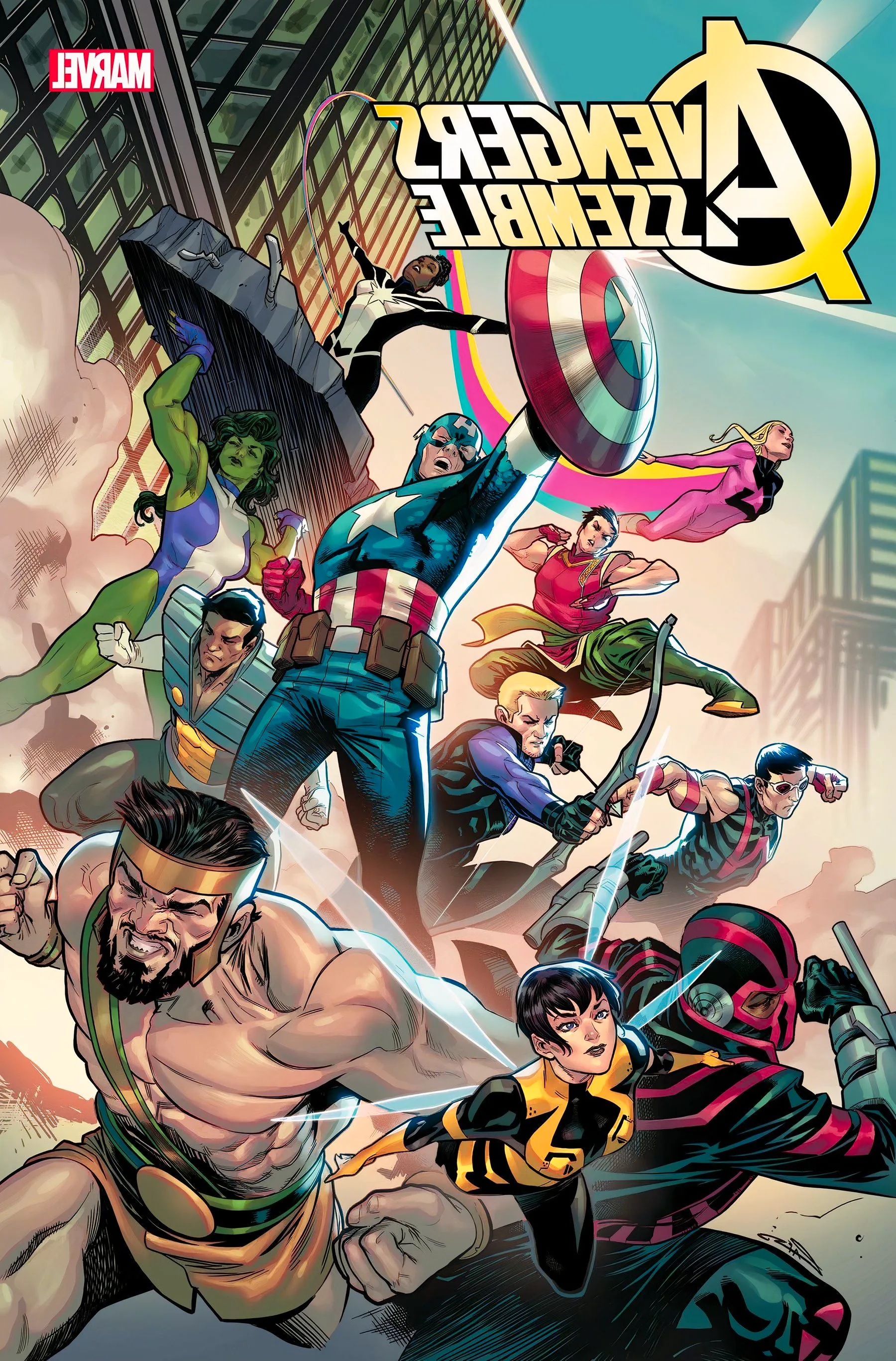 Avengers Assemble #1 variant cover featuring the new squad lunging into battle against a city backdrop. Image