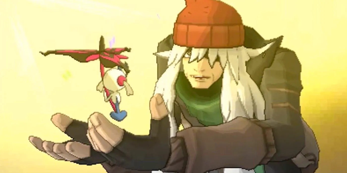 AZ reunites with Floette in Pokémon X and Y, holding his hands out in front of him for the Pokémon to float above. Image