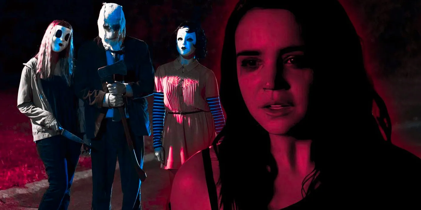 Bailee Madison in The Strangers: Prey at Night with masked killers standing in the background Image