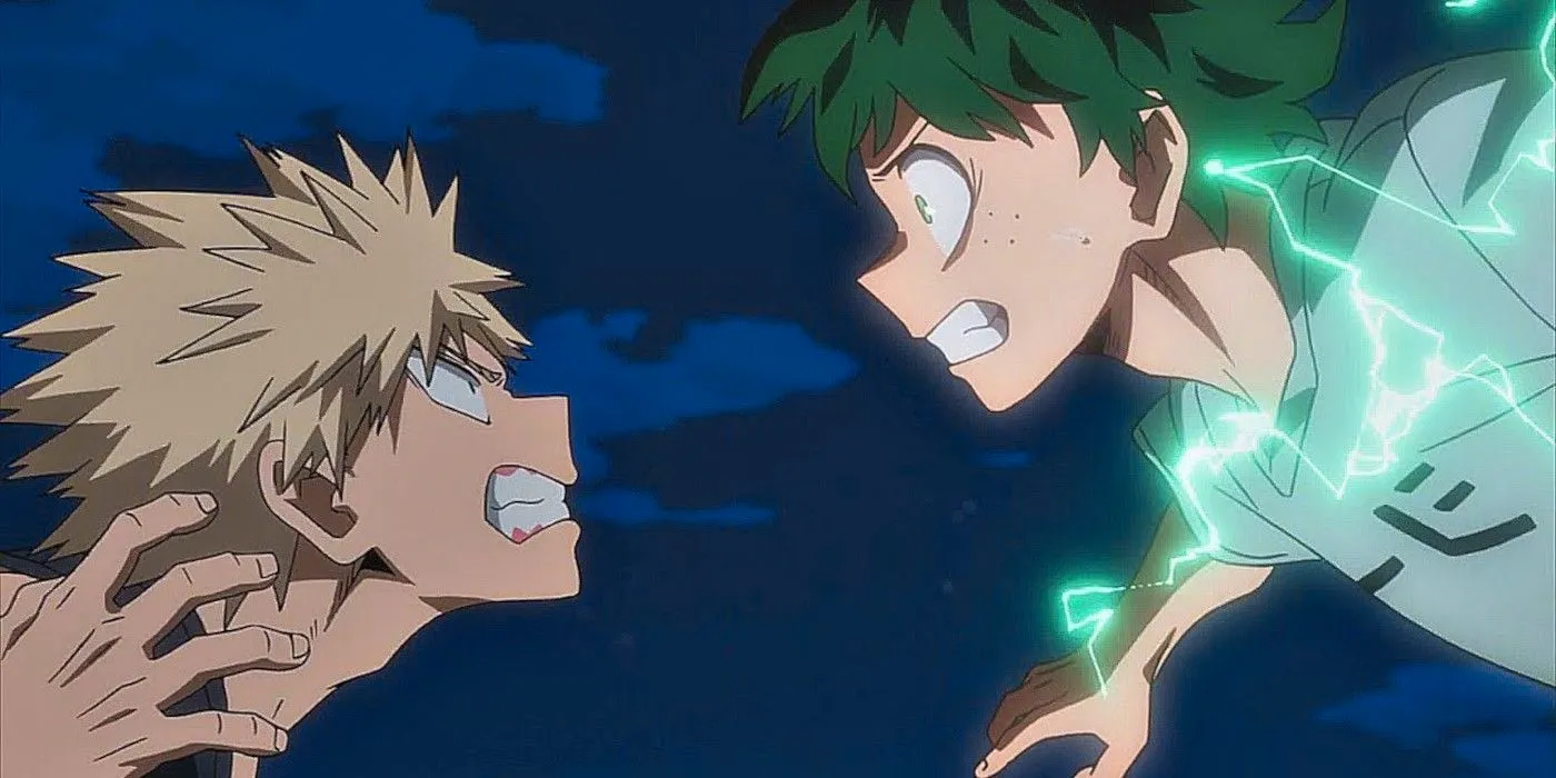 Bakugo and Deku flying toward each other in a fight in My Hero Academia Image