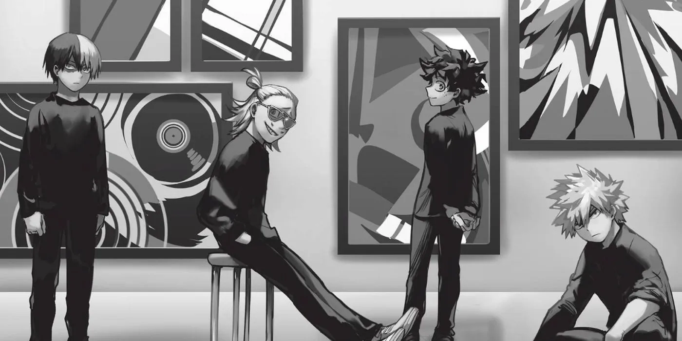 Bakugo, Deku, Todoroki and Present Mic in an art gallery. Image